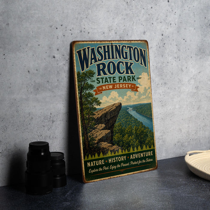 A vintage-style metal sign for Washington Rock State Park in New Jersey, featuring a scenic landscape with a cliff and river.