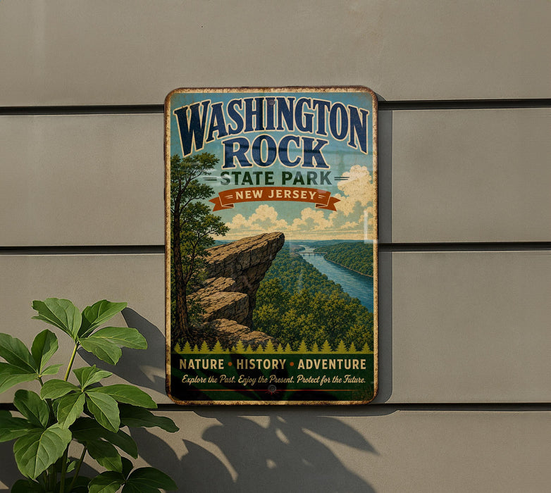A vintage-style metal sign for Washington Rock State Park in New Jersey, featuring a scenic landscape with a cliff and river.