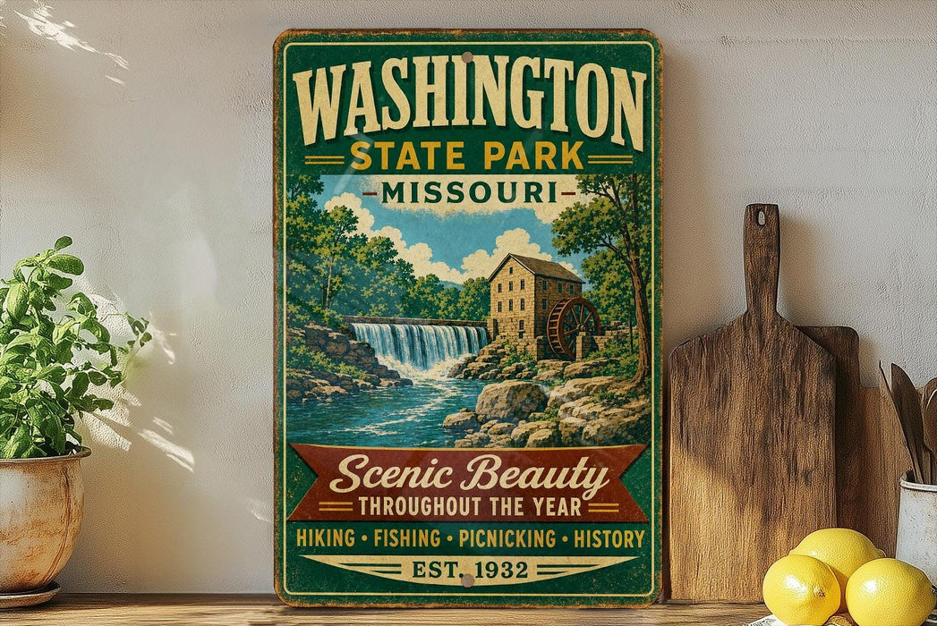 A vintage-style sign for Washington State Park, Missouri, featuring a scenic illustration of a waterfall and a mill. The sign is displayed on a shelf next to a wooden cutting board and some lemons.