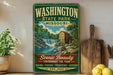 A vintage-style sign for Washington State Park, Missouri, featuring a scenic illustration of a waterfall and a mill. The sign is displayed on a shelf next to a wooden cutting board and some lemons.