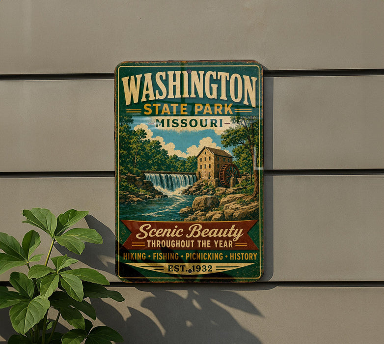 A vintage-style metal sign for Washington State Park in Missouri, featuring a scenic illustration of a waterfall and a building.