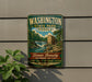 A vintage-style metal sign for Washington State Park in Missouri, featuring a scenic illustration of a waterfall and a building.