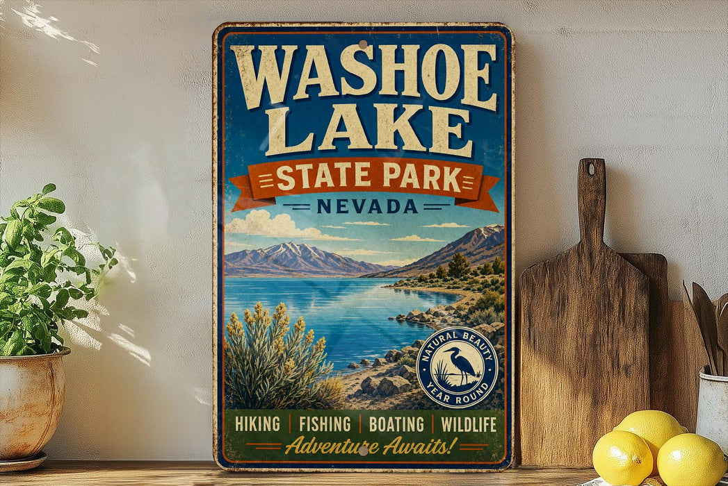 A vintage-style metal sign for Washoe Lake State Park, Nevada, featuring a scenic landscape with mountains, a lake, and a bird in flight.