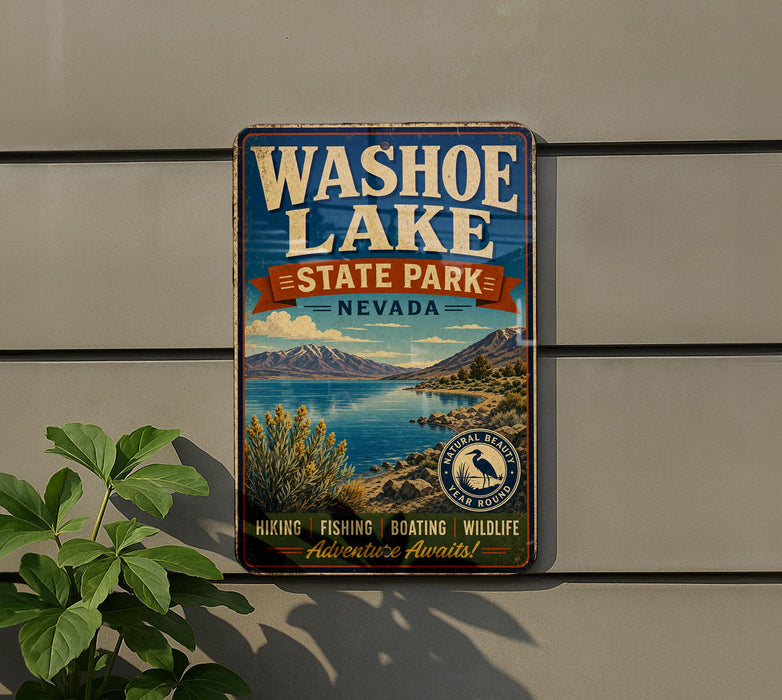 A vintage-style metal sign for Washoe Lake State Park, Nevada, featuring a scenic landscape with mountains, a lake, and various outdoor activities such as hiking, fishing, and boating.