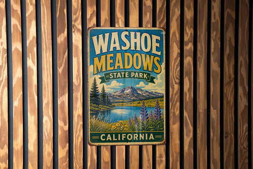 A vintage metal sign for Washoe Meadows State Park in California, featuring a scenic landscape with a lake, mountains, and wildflowers.