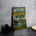 A vintage-style metal sign for Washoe Meadows State Park in California, featuring a scenic landscape with mountains, a lake, and wildflowers.