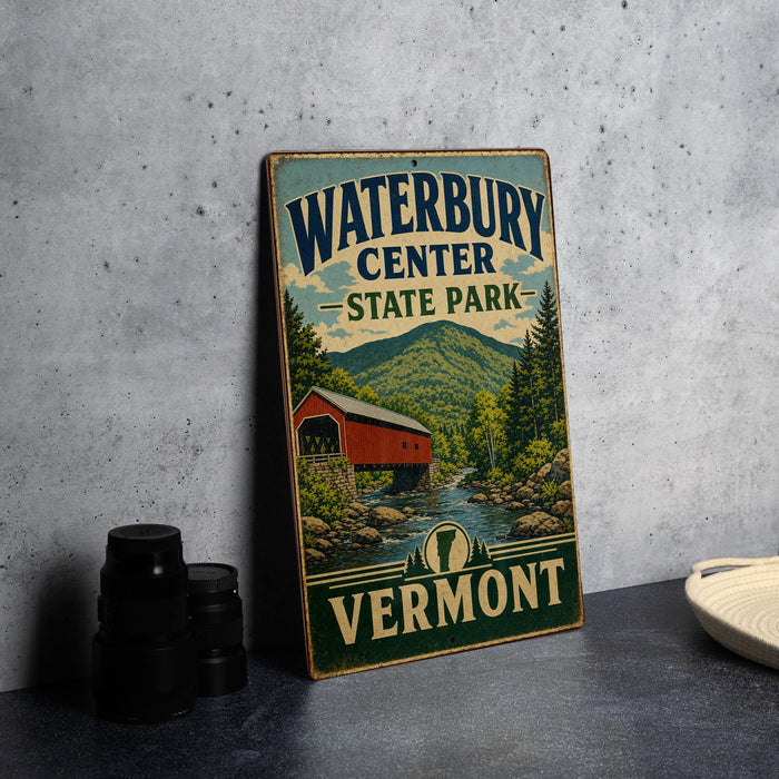 A vintage-style sign for Waterbury Center State Park in Vermont, featuring a red wooden bridge and a scenic mountain landscape.