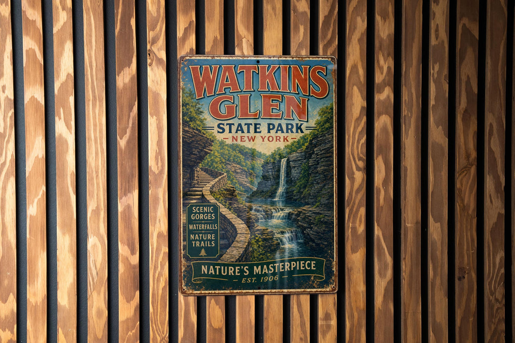 A vintage metal sign for Watkins Glen State Park in New York, featuring a scenic waterfall and nature trails.
