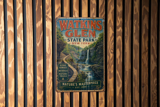 A vintage metal sign for Watkins Glen State Park in New York, featuring a scenic waterfall and nature trails.