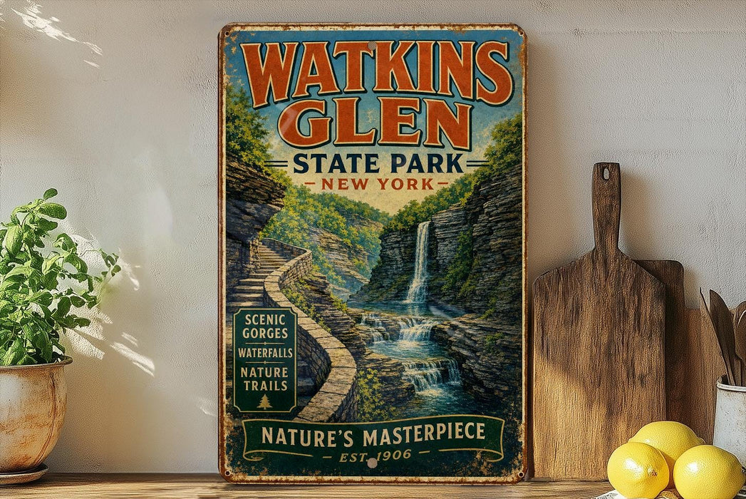 A vintage-style metal sign for Watkins Glen State Park in New York, featuring a scenic waterfall and lush greenery.