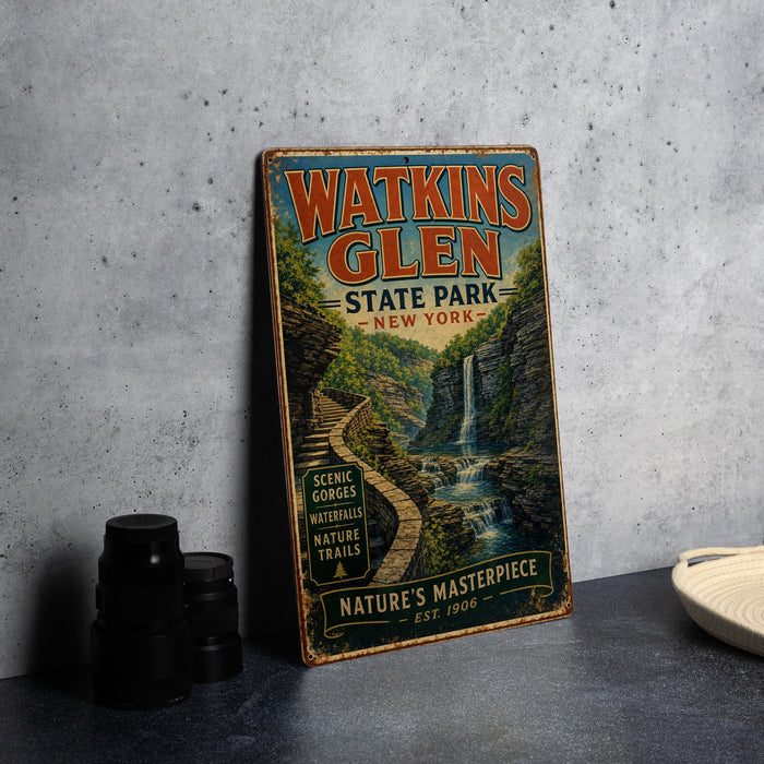 A vintage metal sign for Watkins Glen State Park in New York, featuring a scenic waterfall and hiking trail.