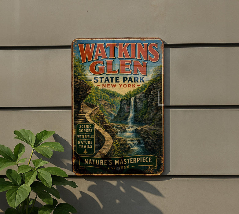 A vintage metal sign for Watkins Glen State Park in New York, featuring a scenic waterfall and lush greenery.