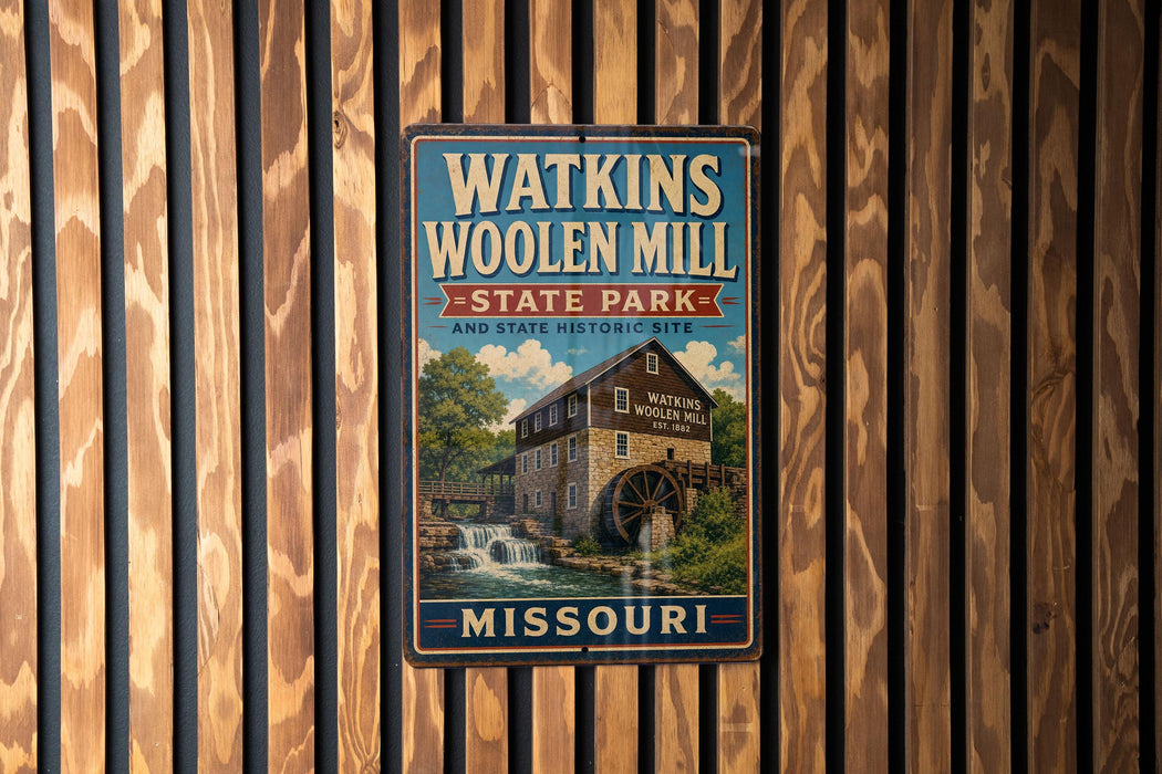 A vintage metal sign for Watkins Woolen Mill, a historic site in Missouri, featuring an illustration of the mill and a waterfall.