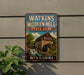 A metal sign for Watkins Woolen Mill State Park in Missouri, featuring an illustration of the mill and a waterfall.