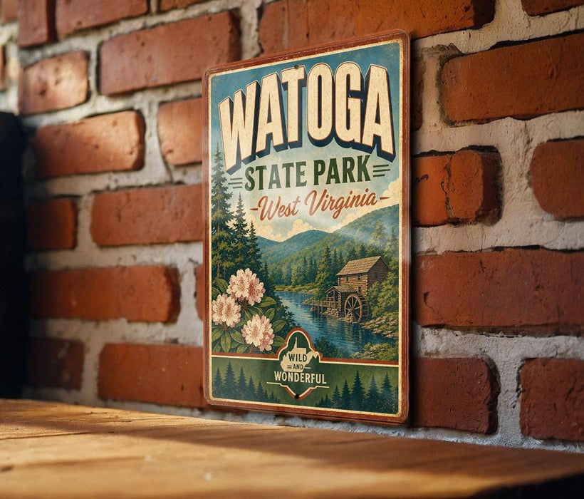 A vintage-style metal sign for Watoga State Park in West Virginia, featuring a scenic illustration of the park and its surroundings.