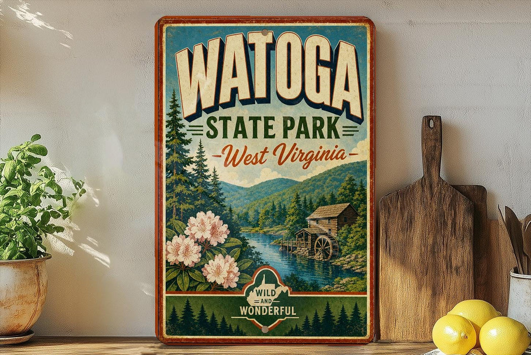 A vintage-style poster advertising Watoga State Park in West Virginia, featuring a scenic landscape with a river, pine trees, and a wooden cabin.