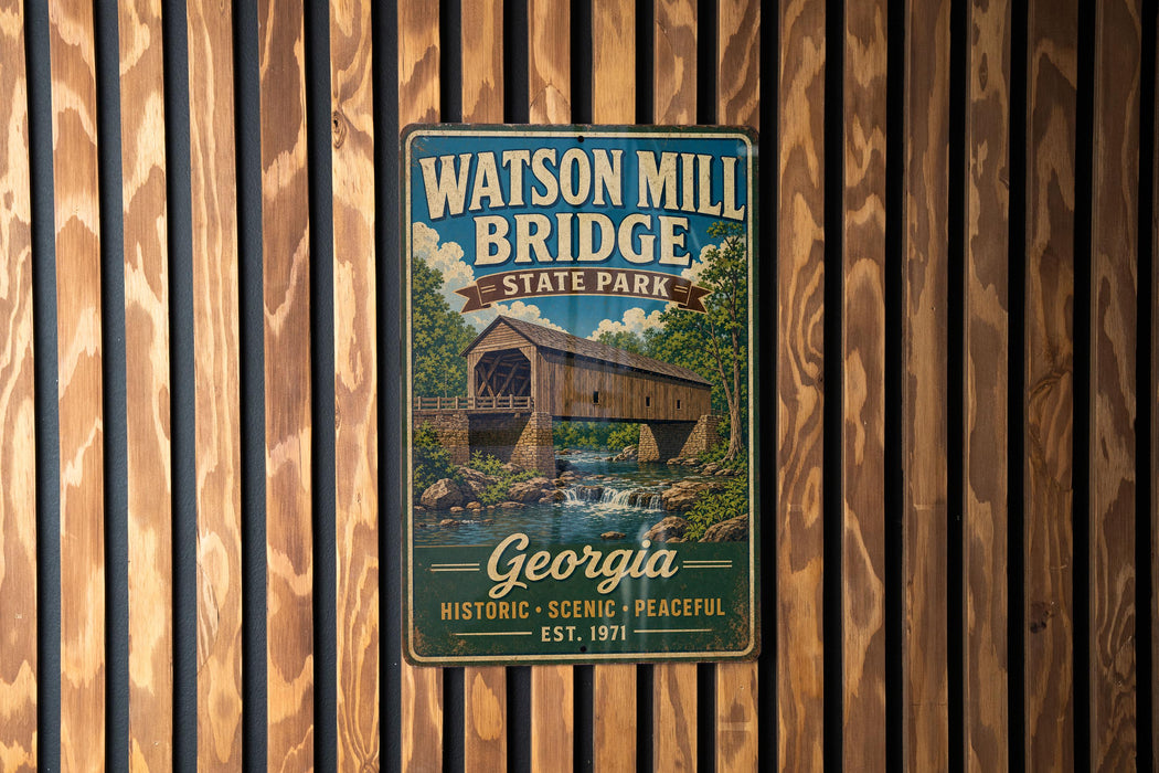 A vintage metal sign for Watson Mill Bridge State Park in Georgia, featuring a wooden bridge and a scenic landscape.