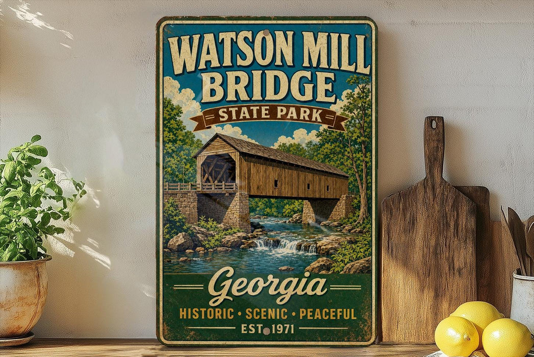 A vintage-style metal sign for Watson Mill Bridge State Park in Georgia, featuring an illustration of a covered bridge over a stream.