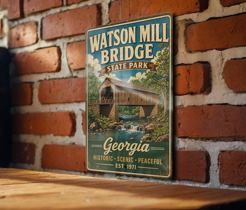 A vintage-style metal sign for Watson Mill Bridge, a historic bridge in Georgia, is displayed on a brick wall.