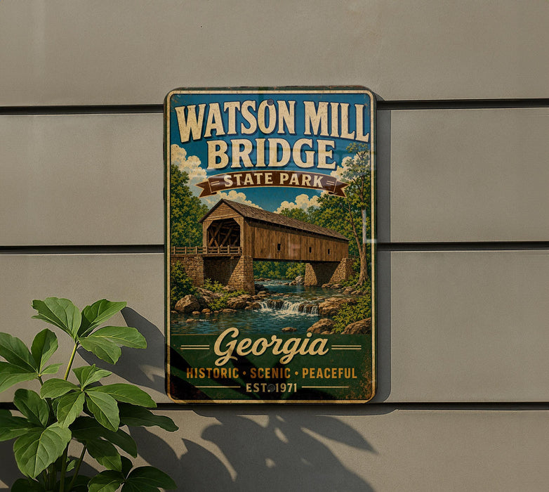A vintage-style metal sign for Watson Mill Bridge State Park in Georgia, featuring a wooden bridge and a scenic landscape.
