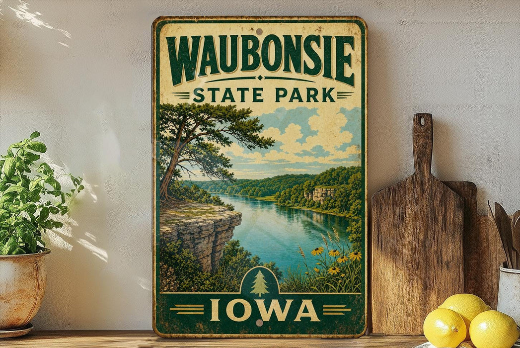 A vintage-style sign for Waubonsie State Park in Iowa, featuring a scenic landscape with a river, cliffs, and trees.