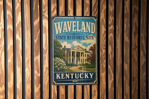 A vintage-style metal sign for the state historic site of Kentucky, featuring a building and trees, mounted on a wooden wall.