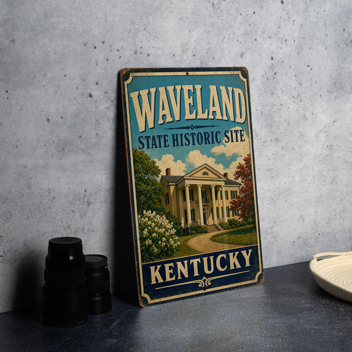 A vintage-style metal sign for the state historic site of Waveland, Kentucky, featuring an illustration of a historic building surrounded by trees and flowers.