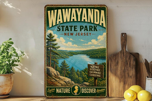 A vintage-style metal sign for Wawayanda State Park in New Jersey, featuring a scenic landscape with a lake and mountains.