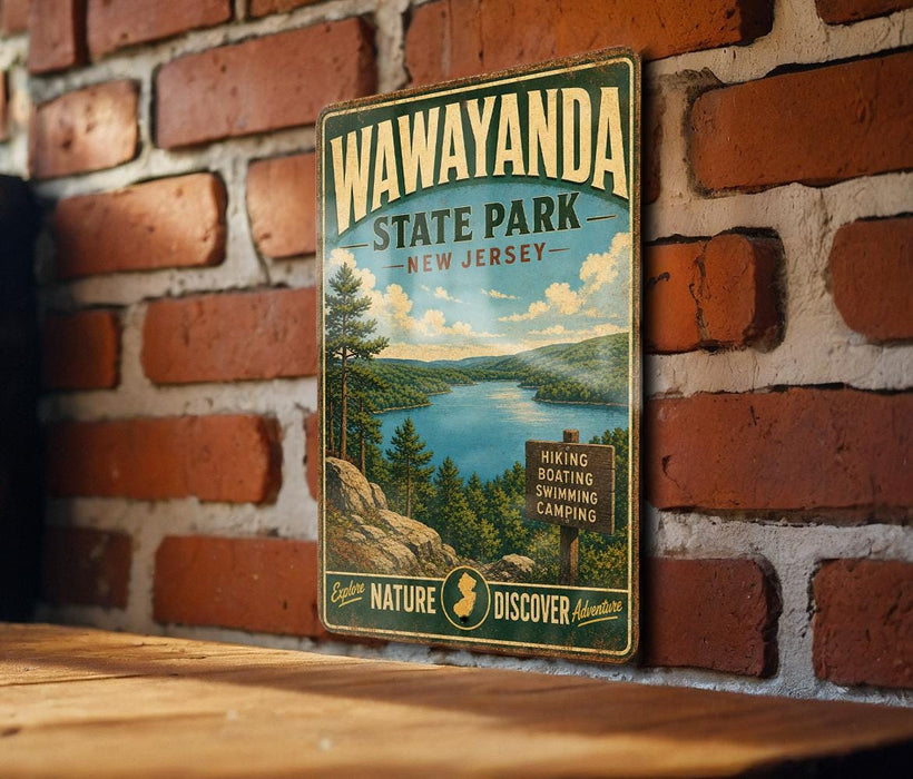 A vintage-style metal sign for Wawayanda State Park in New Jersey, featuring a scenic landscape with a lake and mountains.
