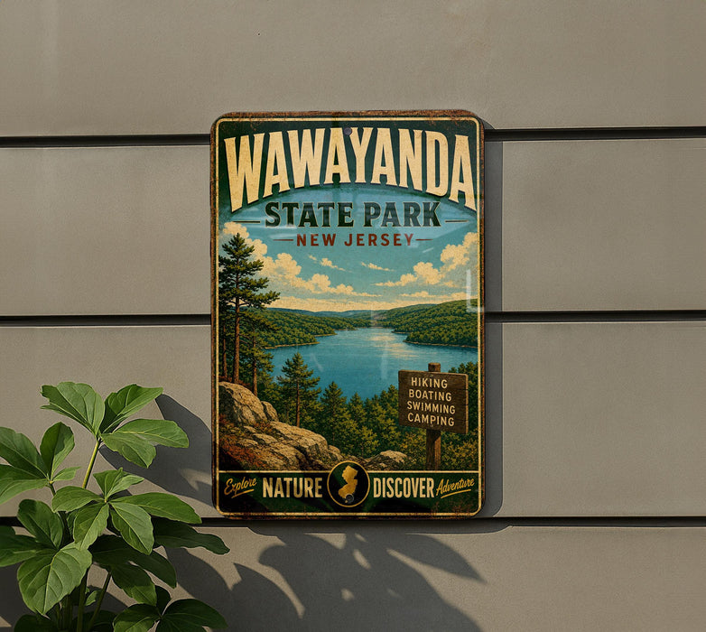 A vintage-style metal sign for Wawayanda State Park in New Jersey, featuring a scenic landscape with a lake and mountains.