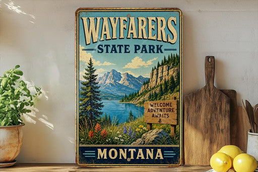 A vintage-style sign for Wayfarers State Park in Montana, featuring a scenic mountain landscape with a lake and pine trees.