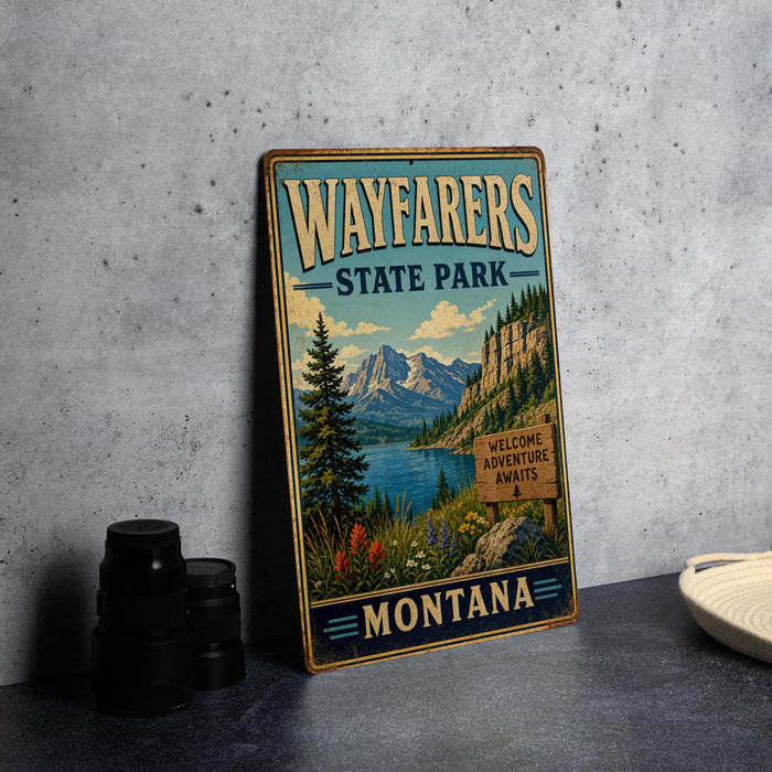A vintage-style metal sign for Wayfarers State Park in Montana, featuring a scenic mountain landscape and a welcoming message for visitors.