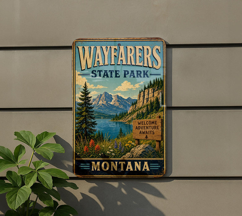 A vintage-style metal sign for Wayfarers State Park in Montana, featuring a scenic mountain landscape with a lake and pine trees.