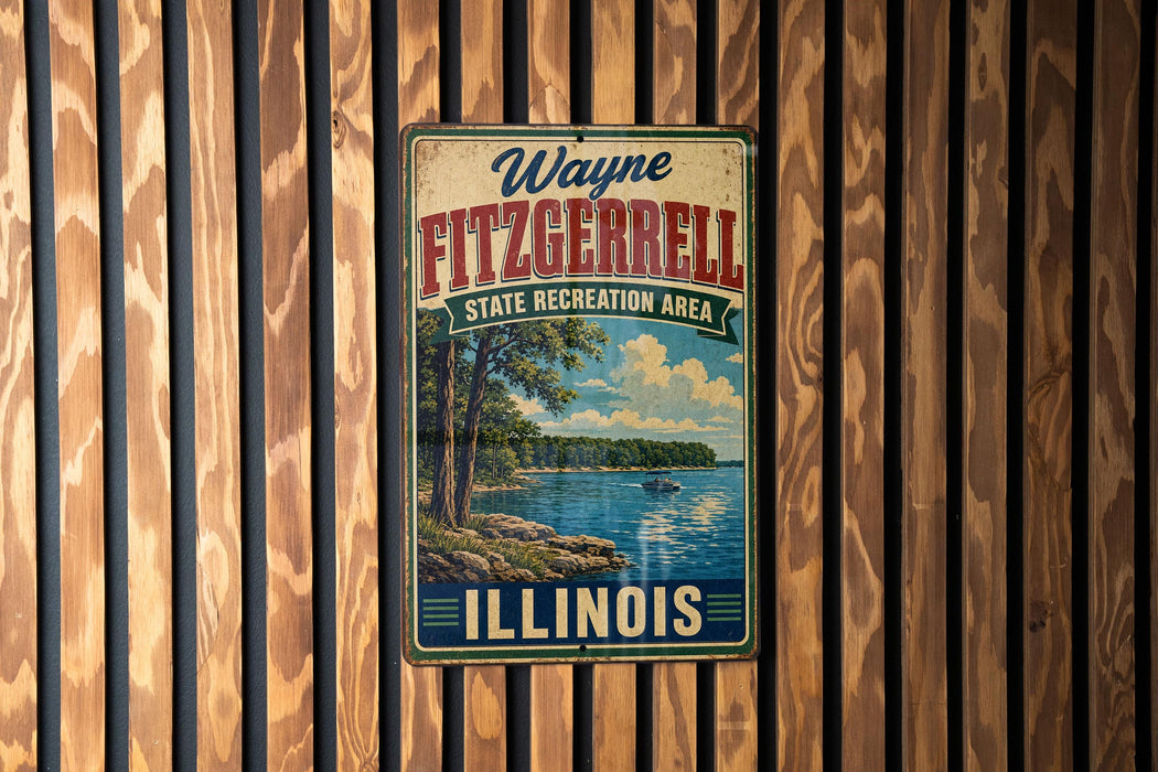 A vintage metal sign for Wayne Fitzgerald State Recreation Area in Illinois, featuring a scenic landscape with a lake and trees.