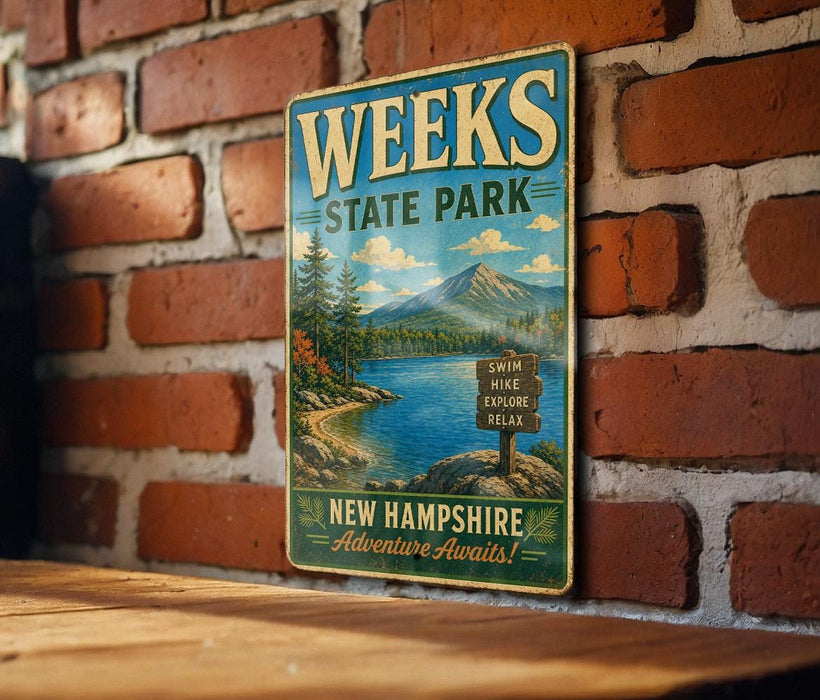 A vintage metal sign for Weeks State Park, featuring a scenic landscape with a lake, mountains, and pine trees, mounted on a brick wall.