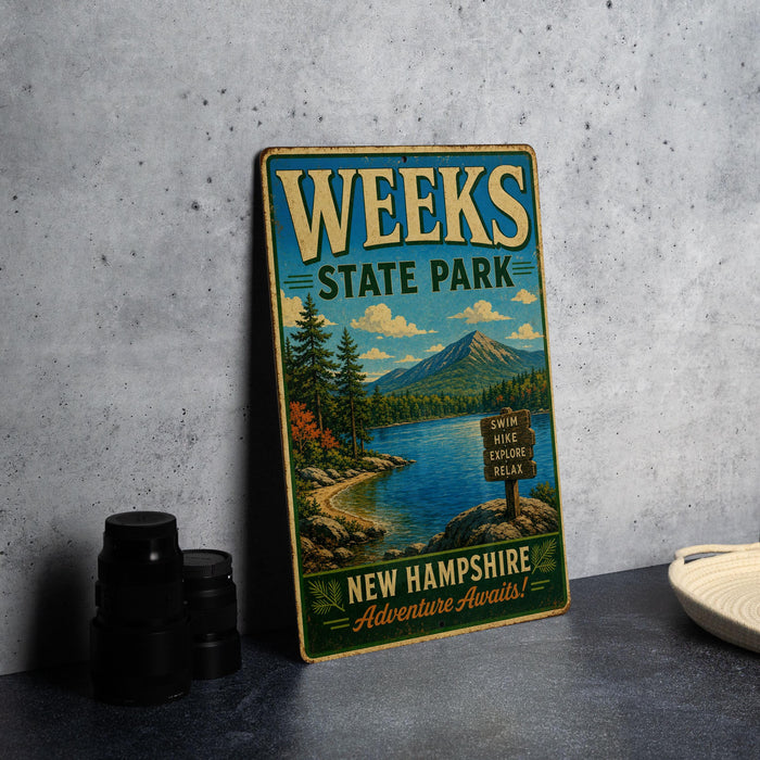 A vintage-style sign for Weeks State Park, featuring a scenic landscape with mountains, pine trees, and a lake.
