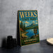 A vintage-style sign for Weeks State Park, featuring a scenic landscape with mountains, pine trees, and a lake.