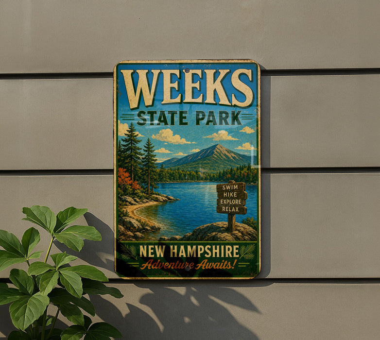 A vintage-style metal sign for Weeks State Park, featuring a scenic landscape with a lake, mountains, and a signpost.