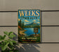 A vintage-style metal sign for Weeks State Park, featuring a scenic landscape with a lake, mountains, and a signpost.