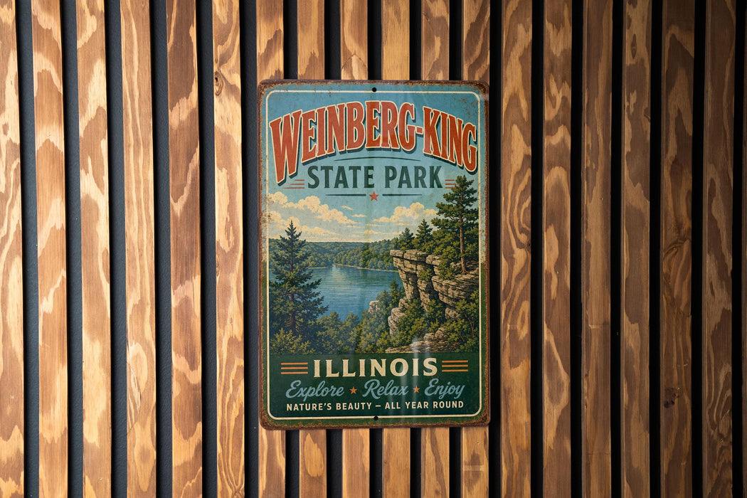 A vintage metal sign for Weinberg-King State Park in Illinois, featuring a scenic landscape with a lake and mountains.