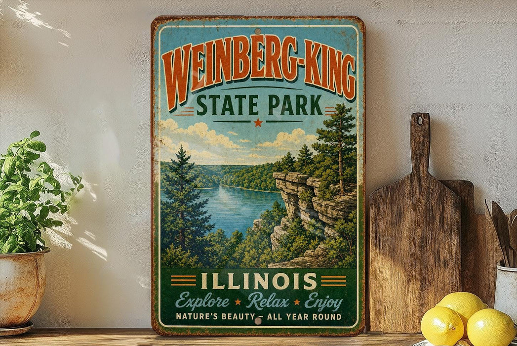 A vintage-style sign for Weinberg-King State Park in Illinois, featuring a scenic landscape with a lake and mountains.