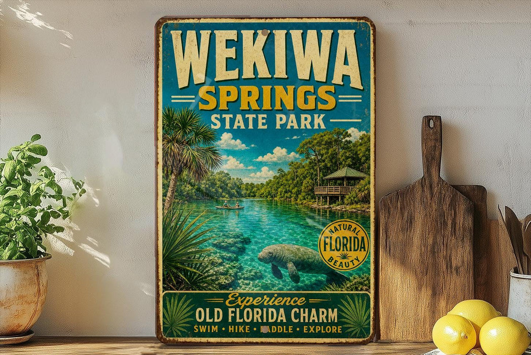 A vintage-style metal sign for Wekia Springs State Park, featuring a scenic image of the springs surrounded by lush greenery and a manatee.