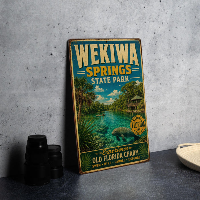 A vintage-style metal sign for Wekiwa Springs State Park, featuring a scenic image of the park's natural beauty and a description of the park's attractions.