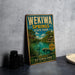 A vintage-style metal sign for Wekiwa Springs State Park, featuring a scenic image of the park's natural beauty and a description of the park's attractions.