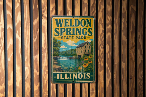 A vintage-style metal sign for Welton Springs State Park in Illinois, featuring a scenic illustration of the park's natural surroundings.