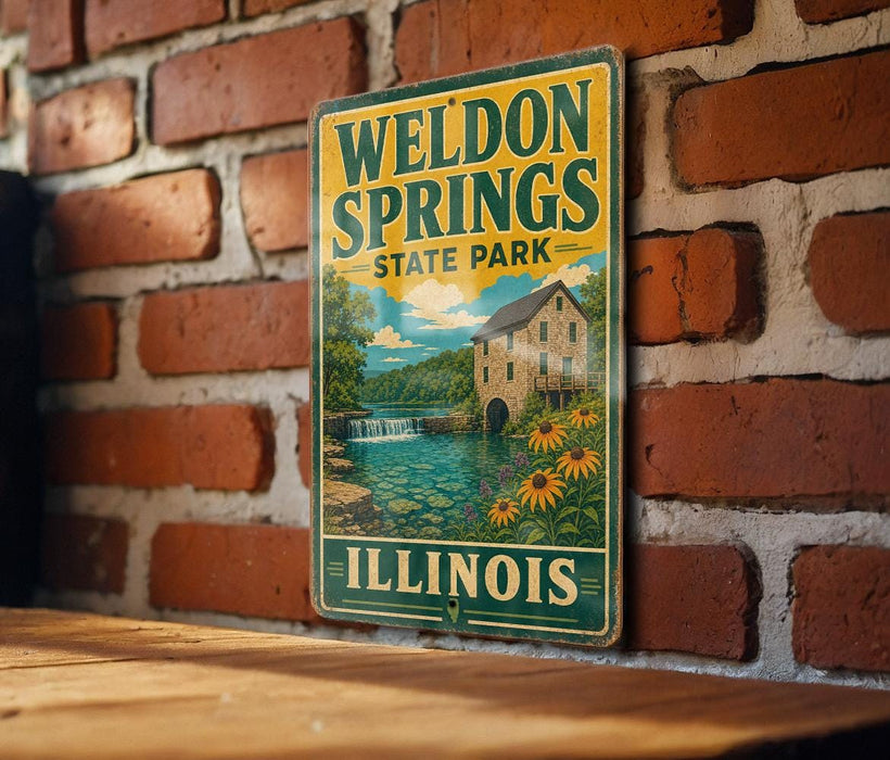 A vintage metal sign for Weldon Springs State Park in Illinois, featuring a scenic illustration of the park's landscape.