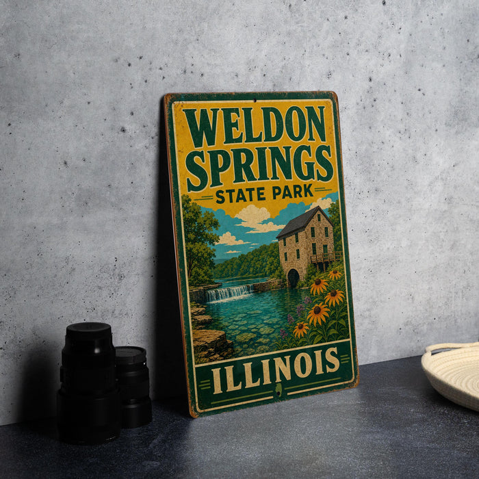 A vintage-style sign for Weldon Springs State Park in Illinois, featuring a scenic illustration of the park's natural surroundings.