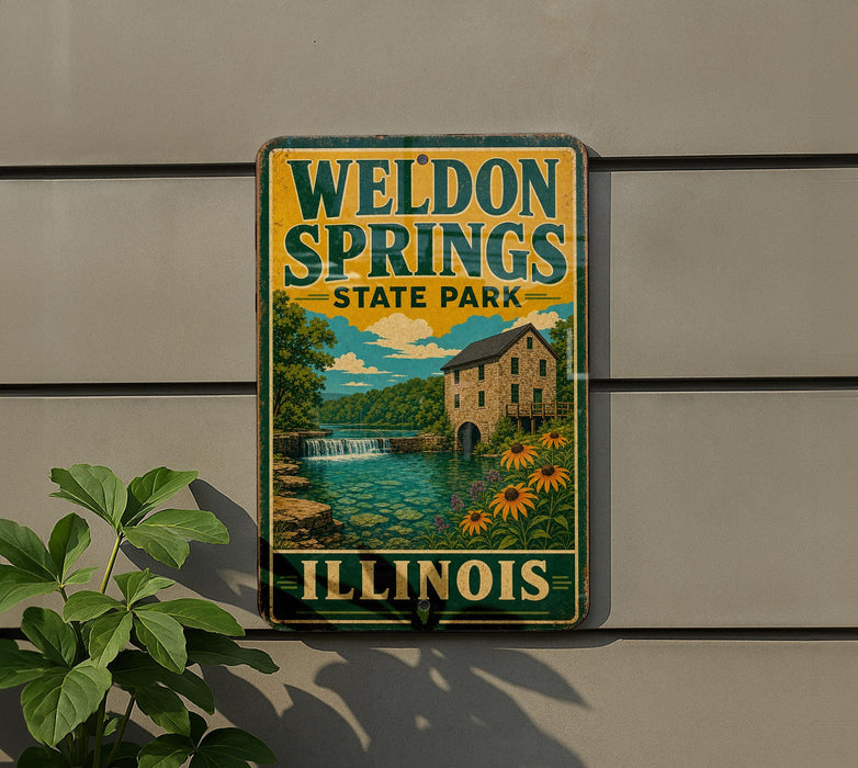 A vintage-style sign for Weldon Springs State Park in Illinois, featuring a scenic illustration of a waterfall and flowers.
