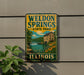 A vintage-style sign for Weldon Springs State Park in Illinois, featuring a scenic illustration of a waterfall and flowers.