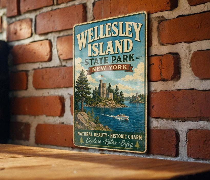 A vintage-style metal sign for Wellesley Island State Park in New York, featuring a scenic image of the park and a castle.